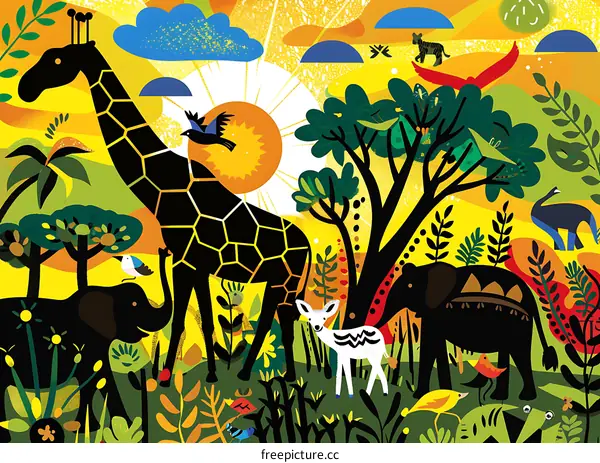 African Safari Animals Illustration with Bright Yellow and Green Colors