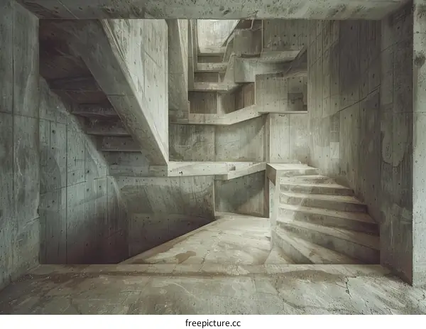 Unfinished concrete building interior with staircases