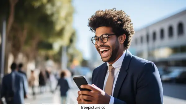 Laughing businessman looking at his phone