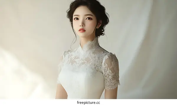 Elegant Asian Woman in a Lace Wedding Dress