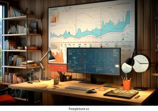 A desk with a computer, bookshelves, and a clock on the wall behind it.