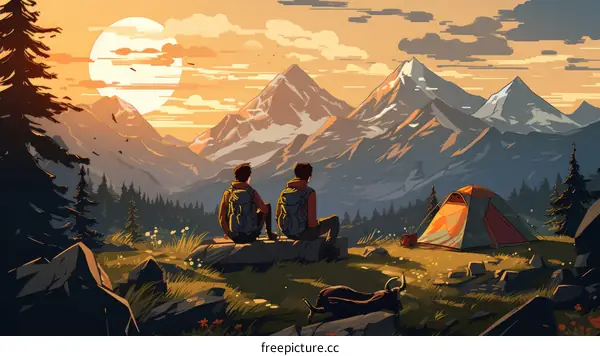 Two friends camping in the mountains