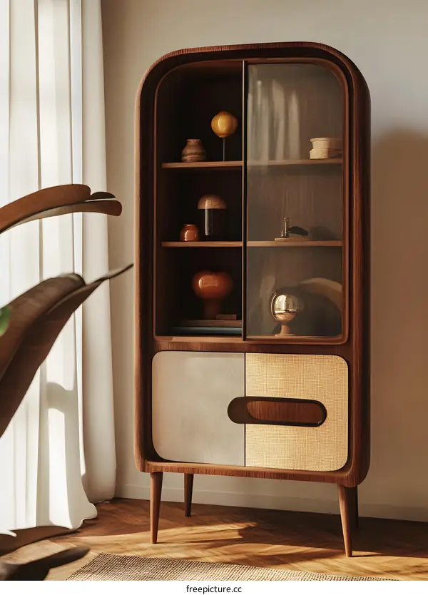 Mid Century Modern Style Wooden Cabinet With Glass Doors