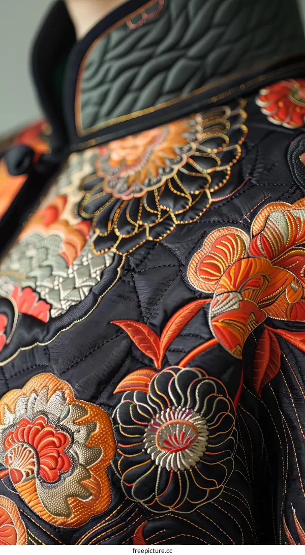 A close-up of a black embroidered floral pattern.