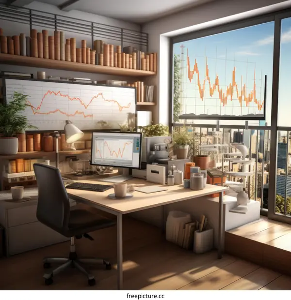 A modern home office with a large window looking out over a city skyline.