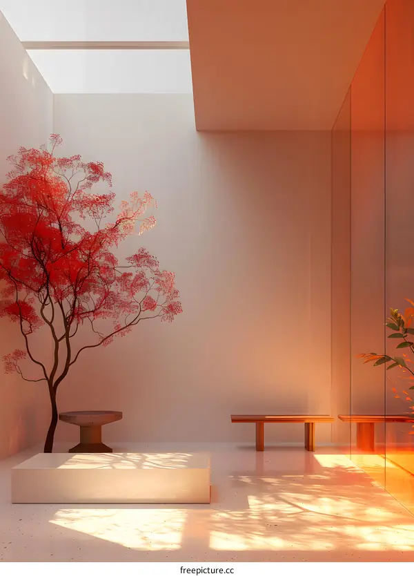 An empty room with a tree and a bench