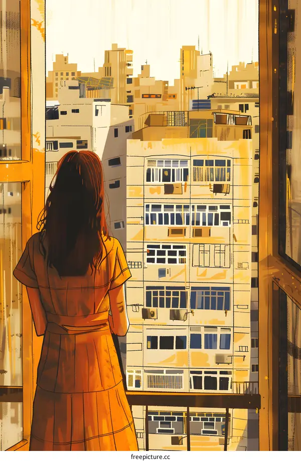 Woman Looking Out Window at Cityscape