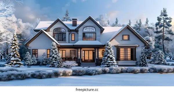 A Luxurious House in Snowy Winter Scenery