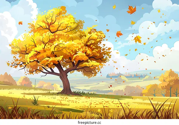 Autumn Landscape with Tree and Falling Leaves