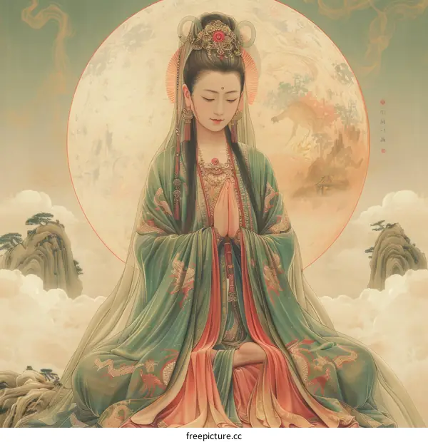 An illustration of a Chinese goddess sitting on a lotus flower with a moon behind her