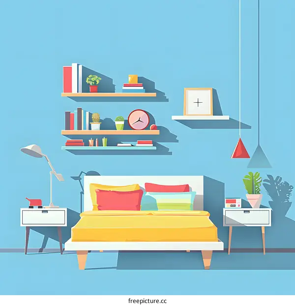 Modern Bedroom Interior Design Illustration with Bed, Nightstands and Shelves