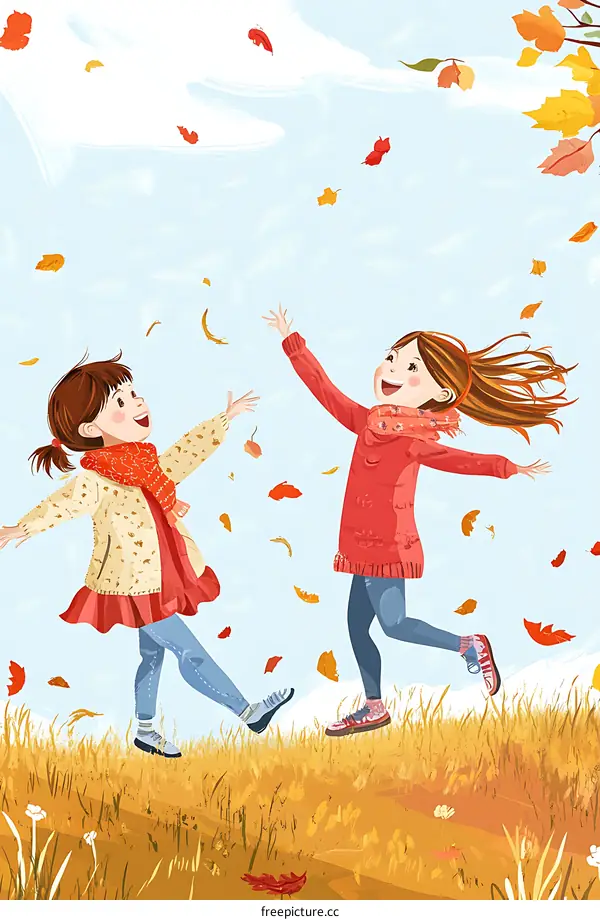 Two Girls Playing In Autumn Leaves