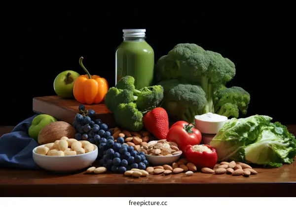 A variety of healthy foods are arranged on a wooden table.