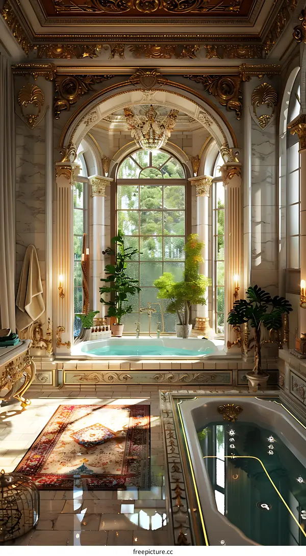 Luxurious and spacious bathroom with a large window and a view of the garden