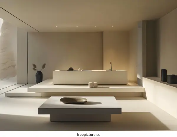 Minimalist Kitchen Interior Design With Beige Walls and White Countertop