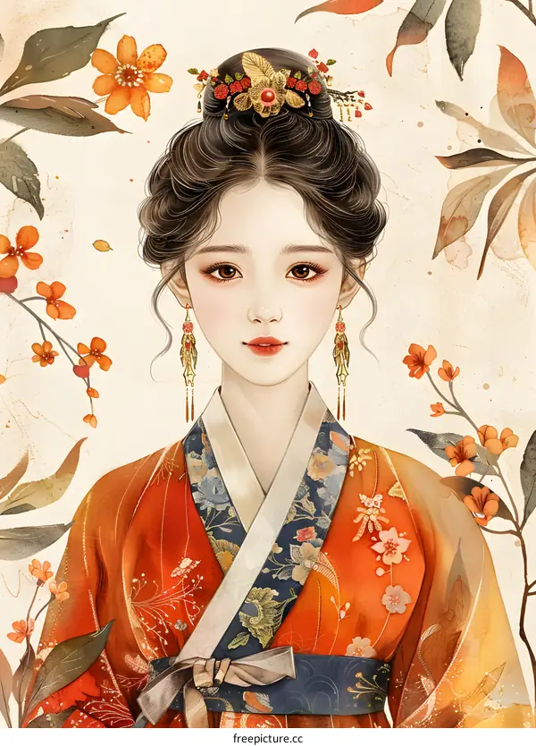 A beautiful Chinese woman in traditional Hanfu dress with orange and yellow flowers in the background