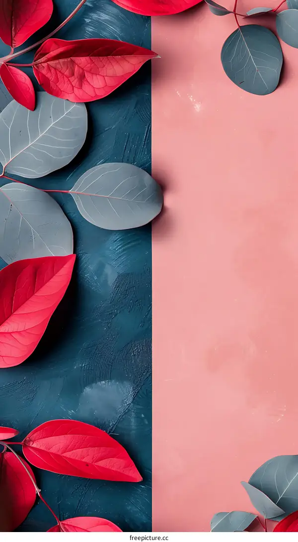 Red and Blue Leaves on a Pink and Blue Background