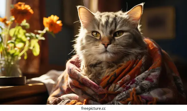A ginger cat is sitting on a table wrapped in a blanket