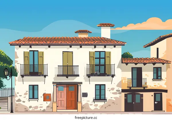 Mediterranean Style House Illustration with Balcony and Tile Roof