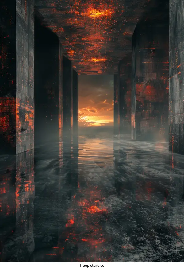 Futuristic Concrete Structure with Water and Lava