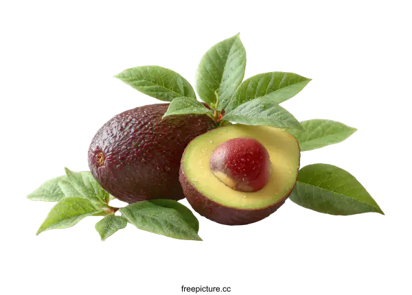 [Transparent Background PNG]Fresh Ripe Purple and Green Avocados with Leaves