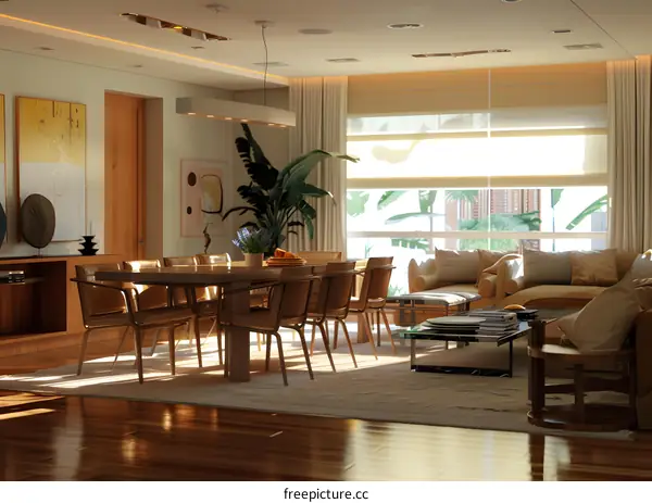 Modern Minimalist Living Room With Dining Area And Large Windows