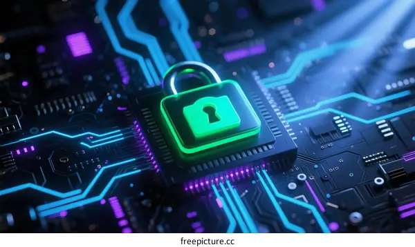 Secure Microchip with Green Lock on Circuit Board