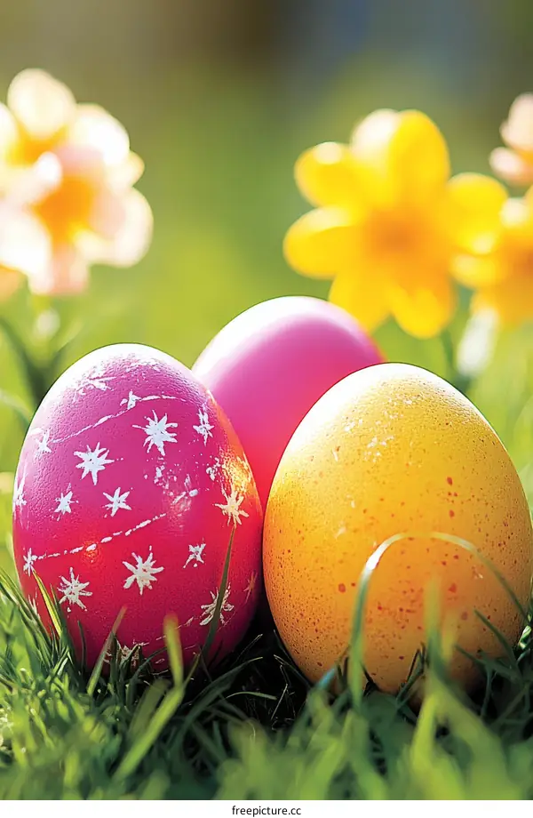Easter Eggs in Grass with Flowers