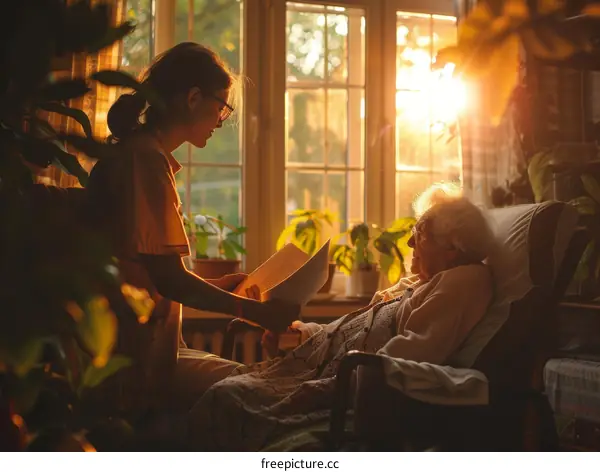 A young woman is reading to an elderly woman in a nursing home