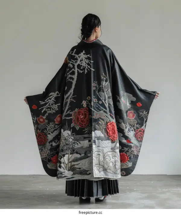 Japanese woman wearing a black kimono with red and white floral embroidery
