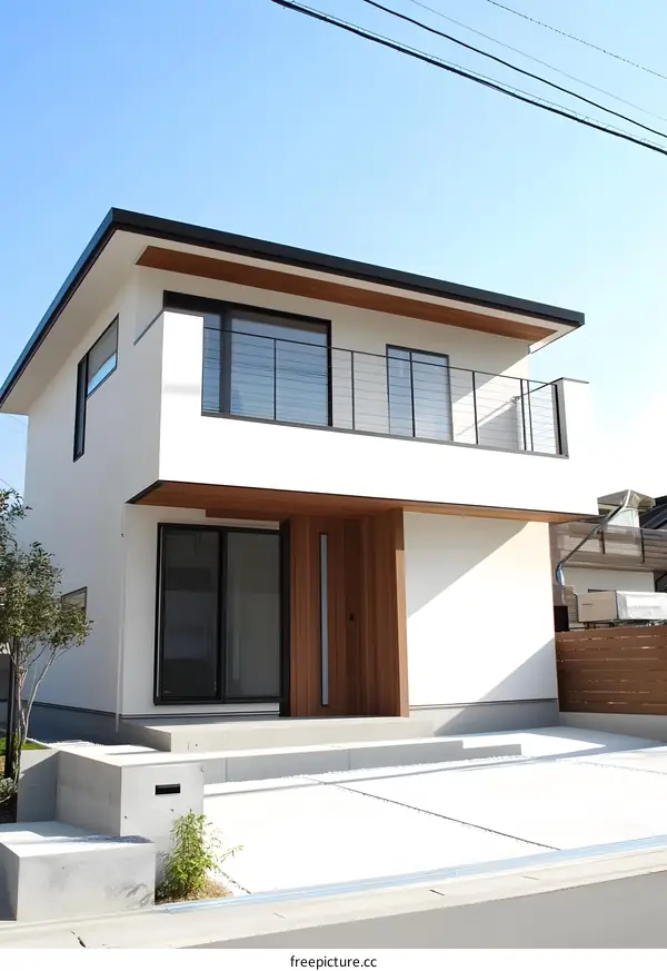 Modern White House with Wooden Accents and Balcony