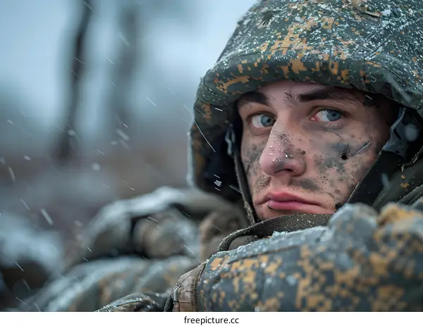 A soldiers face is covered in mud and snow during a winter exercise.