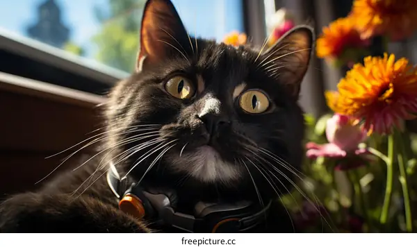A black cat wearing headphones sits in front of a bouquet of flowers