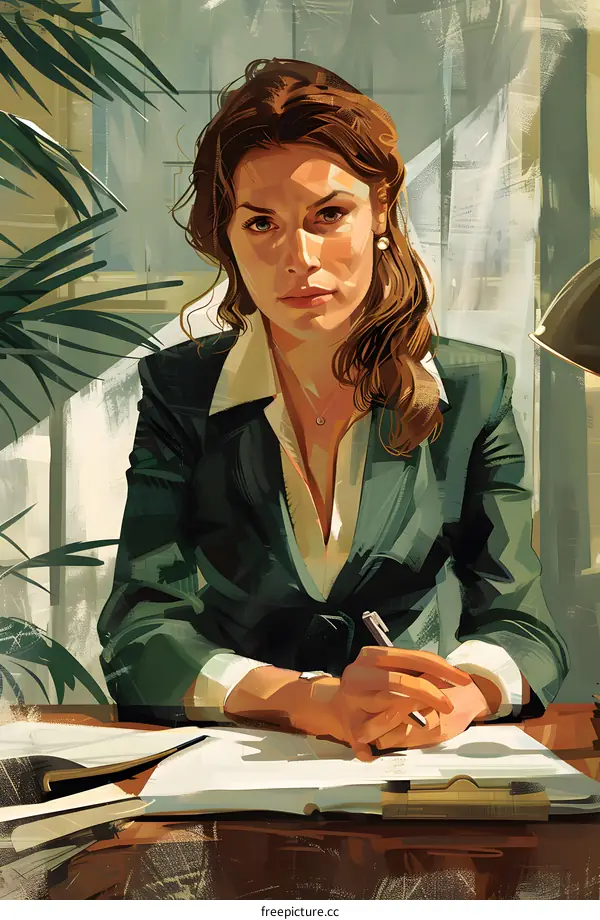 A woman in a green suit is sitting at a desk, writing in a notebook.