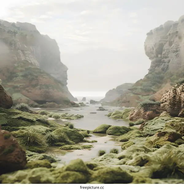 Misty River Flowing Through Rocky Cliffs