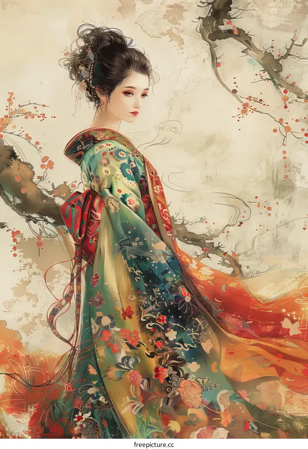 An ancient Chinese woman in a kimono stands under a cherry blossom tree.