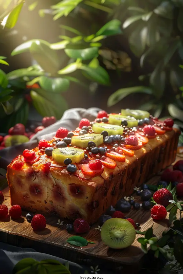 Freshly baked delicious fruit cake with berries and kiwi slices