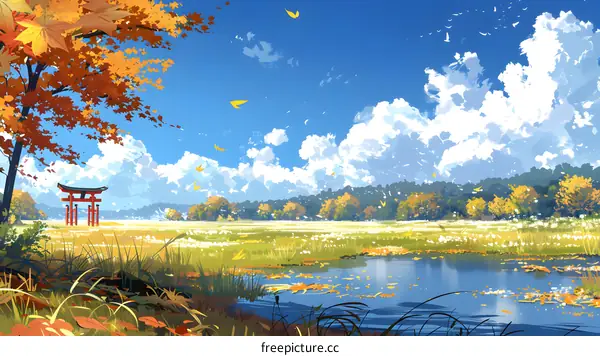 red torii gate in the middle of a field with yellow and green grass and a pond with autumn leaves floating on the water