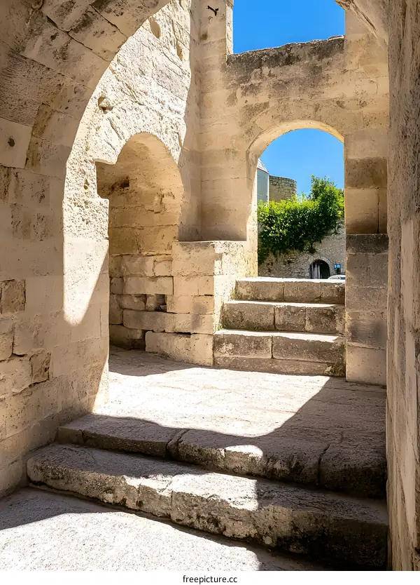 Stone Archway and Steps Leading to Sunlight in Historic Building