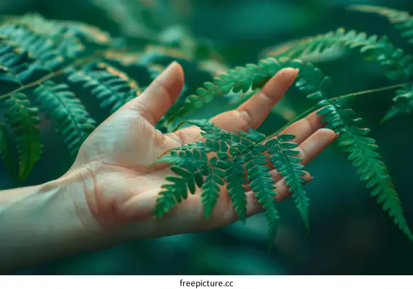 A hand touching a fern frond