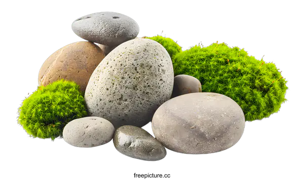 [Transparent Background PNG]Closeup of Stones and Moss on White Background