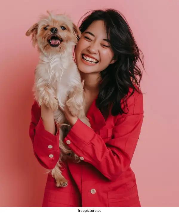 Asian woman with long dark hair smiling and holding a small dog