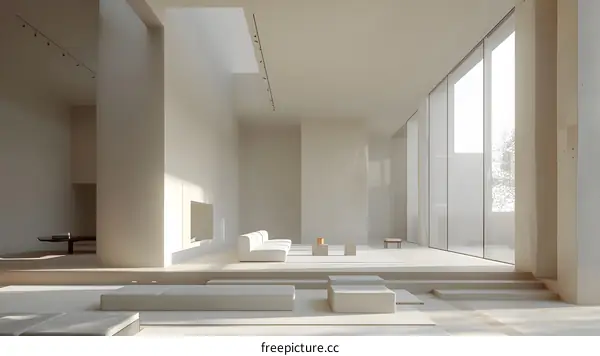 Minimalist Interior Design Living Room With White Walls And Large Windows