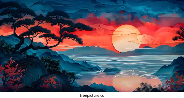 Papercut Illustration of a Sunset Over Mountains and Water