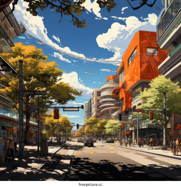 A wide street with a few cars and many pedestrians in an urban city with tall buildings on both sides of the road