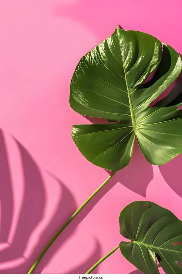 Monstera Leaves on Pink Background with Shadow