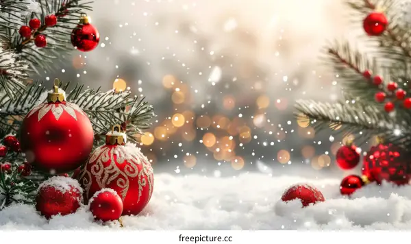 Red Christmas balls and snowy ground