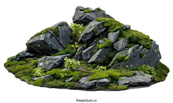 [Transparent Background PNG]Green Moss and Rocks On White Background