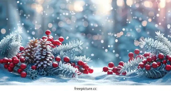 Christmas Pine Cones and Red Berries with Blurred Snowy Background