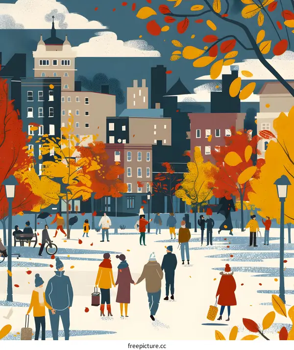 Autumn City Park with People Walking and Trees in Colorful Foliage